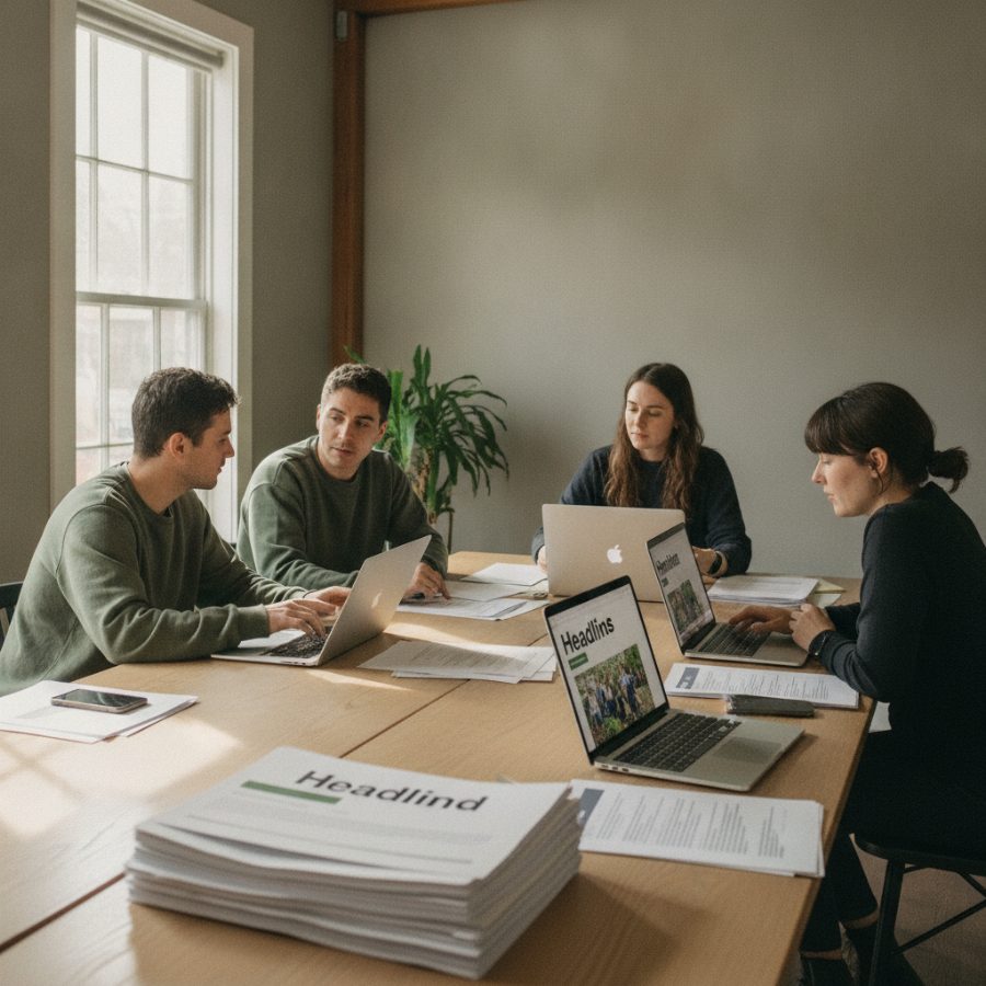 A small nonprofit team gathered around a table in a sunlit community office, reviewing printed pages and laptops together mid-discussion