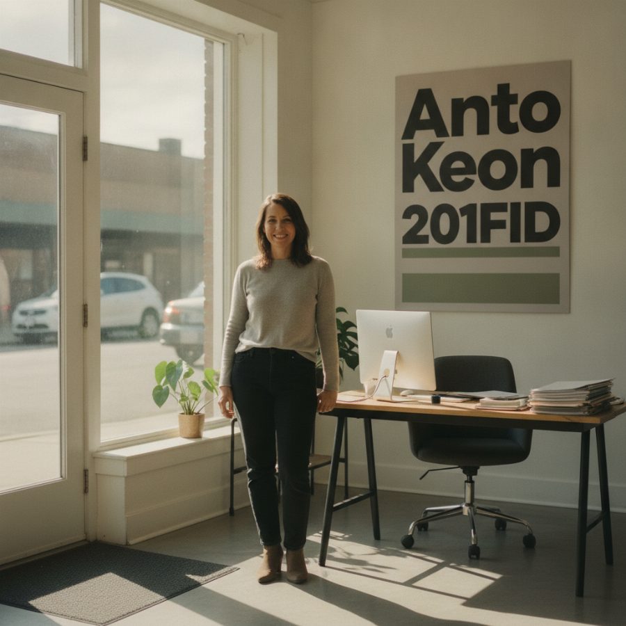 A nonprofit executive director standing in her organization's storefront office, arms relaxed, warm daylight through the front window