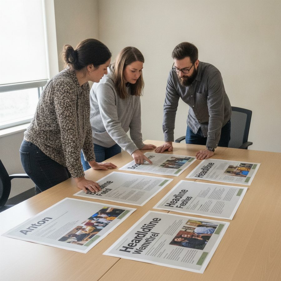 Two nonprofit program staff and a designer reviewing printed website wireframes spread across a table in a sunlit community center meeting room