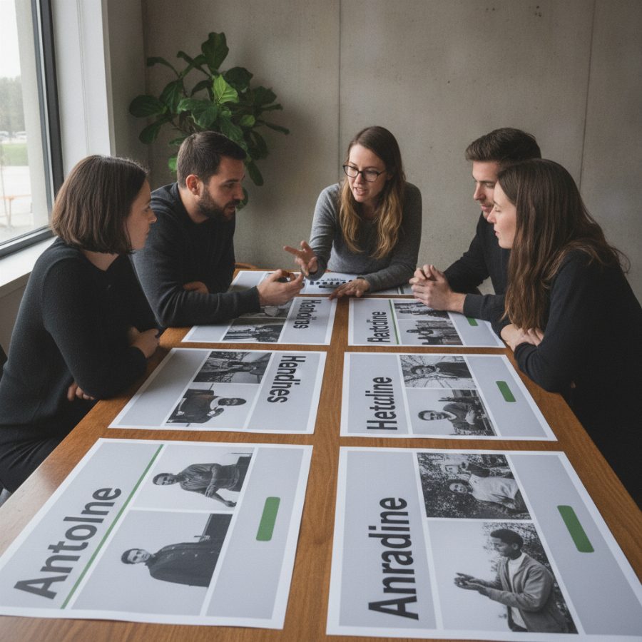 A small nonprofit team and a designer sitting around a table covered in printed website page layouts, pointing and talking in natural daylight