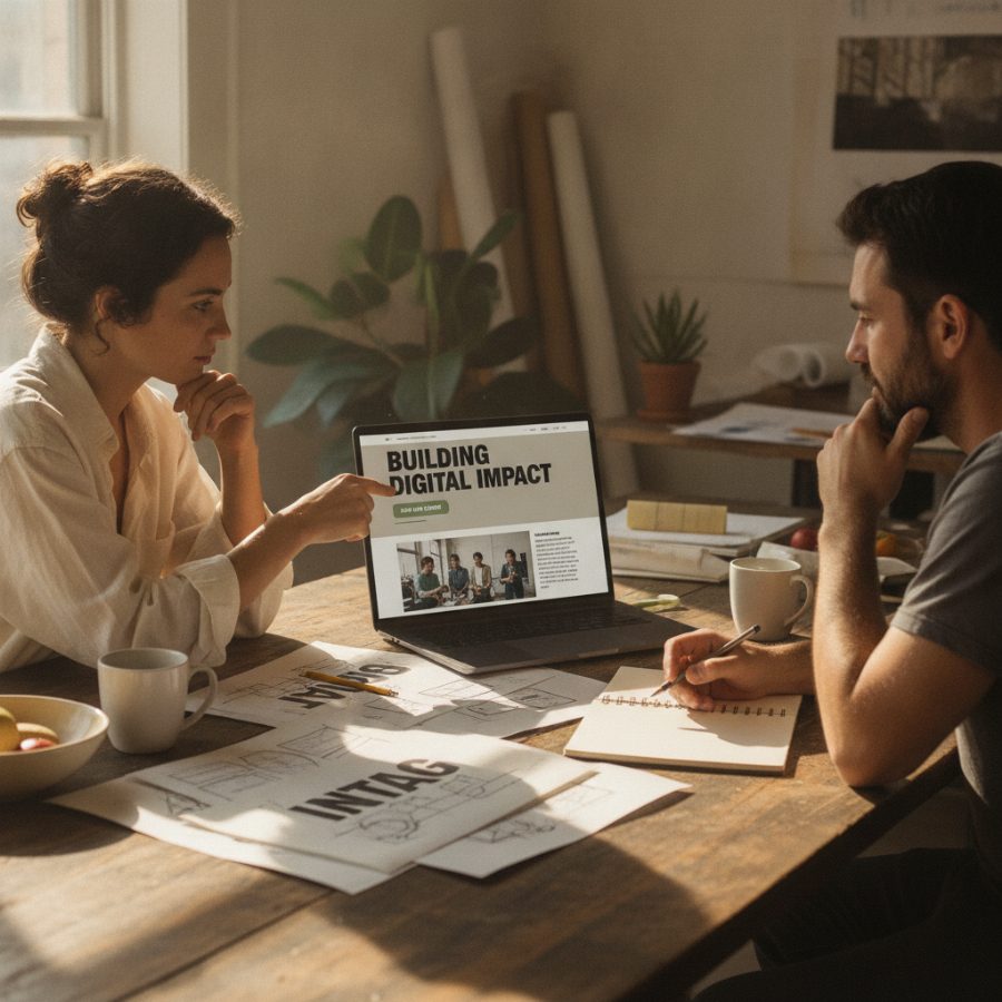 Two designers at a wooden desk in a sunlit studio, sketches and a laptop showing a nonprofit website layout spread between them, mid-conversation