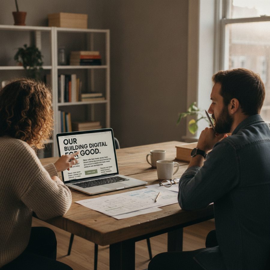 Two nonprofit staff members sitting at a table with a laptop and handwritten notes, reviewing a website mockup together in soft afternoon light