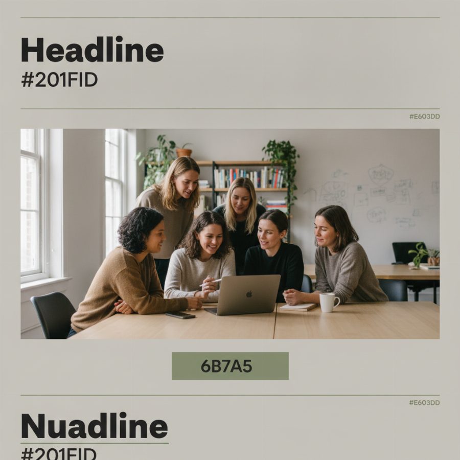 Wide documentary photo of a small design team and nonprofit leaders gathered around a laptop in a bright shared office, mid-conversation, unposed